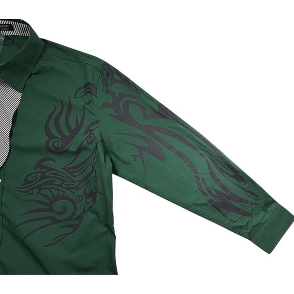 NWT Y2K 90s Coofandy Tribal Big Bold Graphic Button Flip Cuff Shirt Green 2XL - Picture 7 of 16